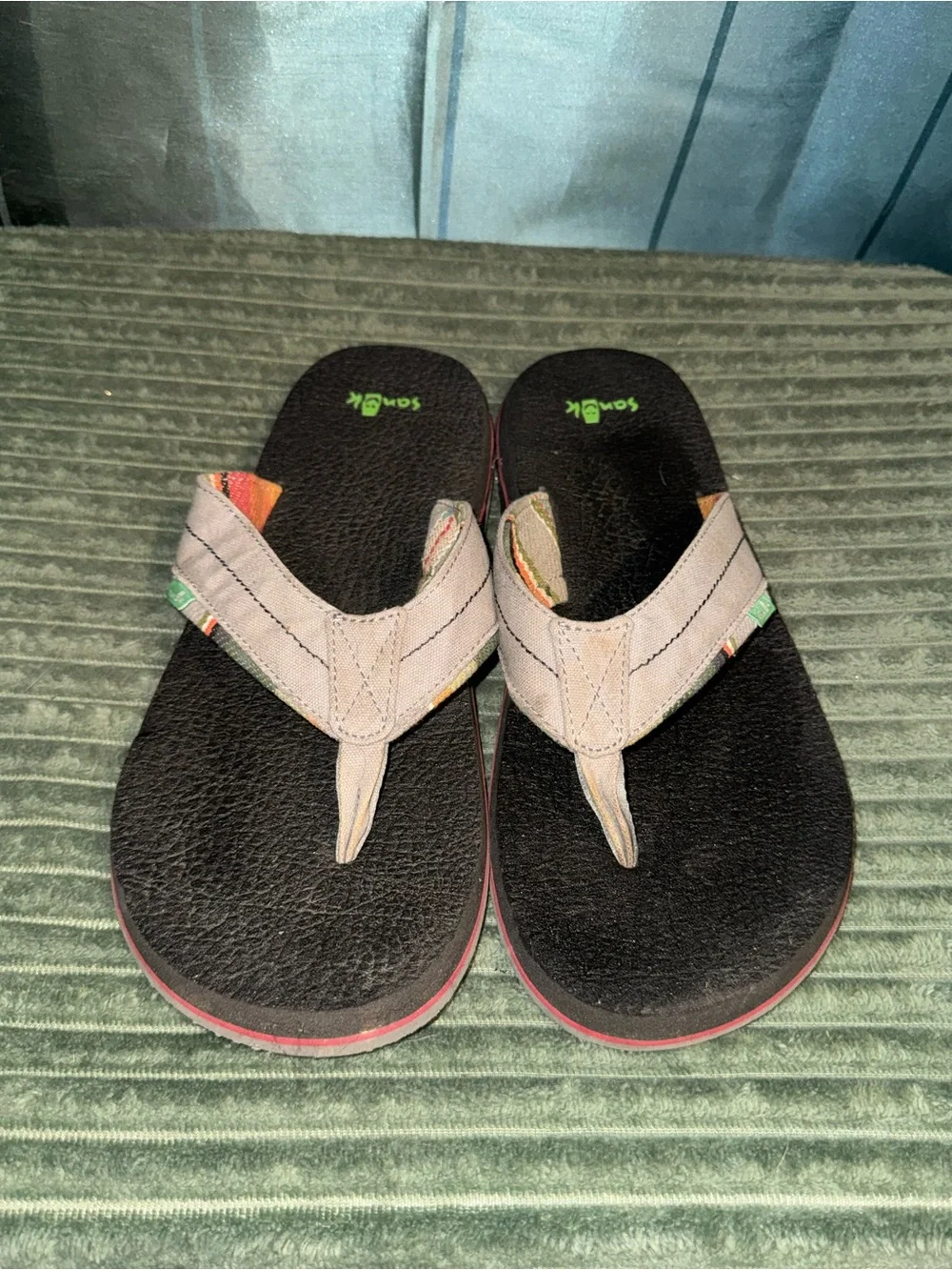 Sanuk Black Flip-Flops with Gray and Multicolor Straps
